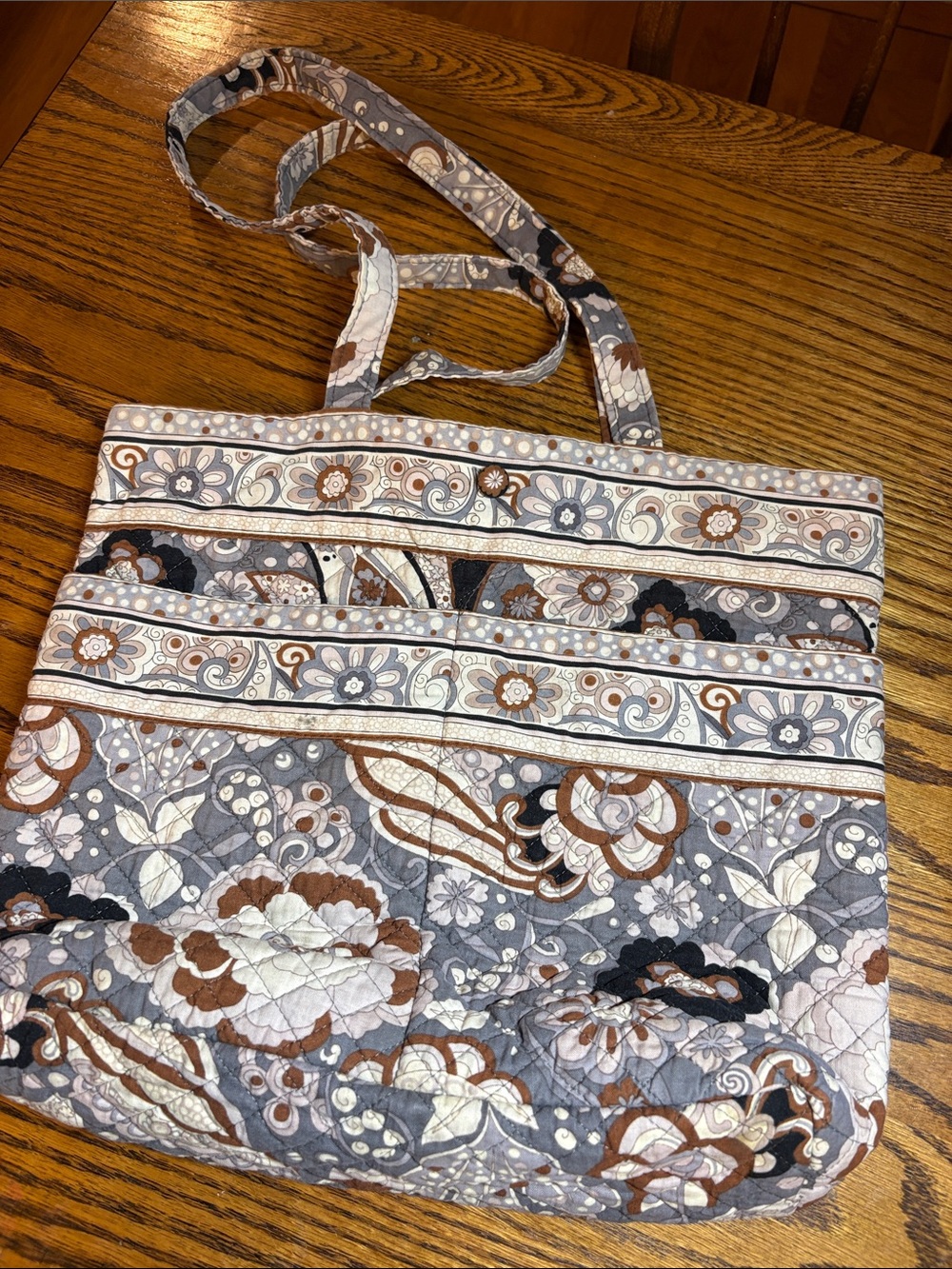 Quilted Floral Tote Bag in Gray, Brown and Cream